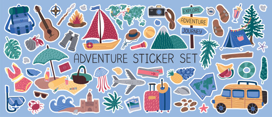 Summer stickers. Holiday beach icons, vacation and travel sun elements, fun doodle happy sea elements. Hiking and picnic in park, plane and yacht. Vector cartoon flat isolated illustration set
