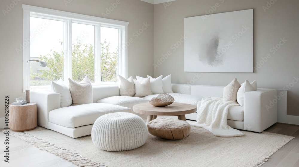 Poster A serene living room features a spacious white sectional sofa adorned with plush pillows, complemented by a round coffee table and soft textures
