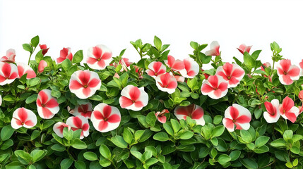 Border of red and white flowers with green leaves on a white background.