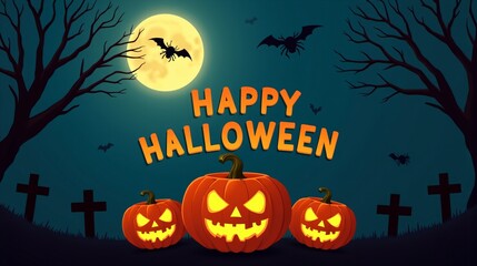 Fototapeta premium Spooky Halloween Graveyard with Full Moon, Bats, and Glowing Jack-o�-Lanterns - Festive Scene