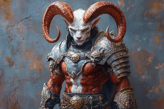 Mythical demon warrior with red horns and dark armor, standing amid glowing embers.
