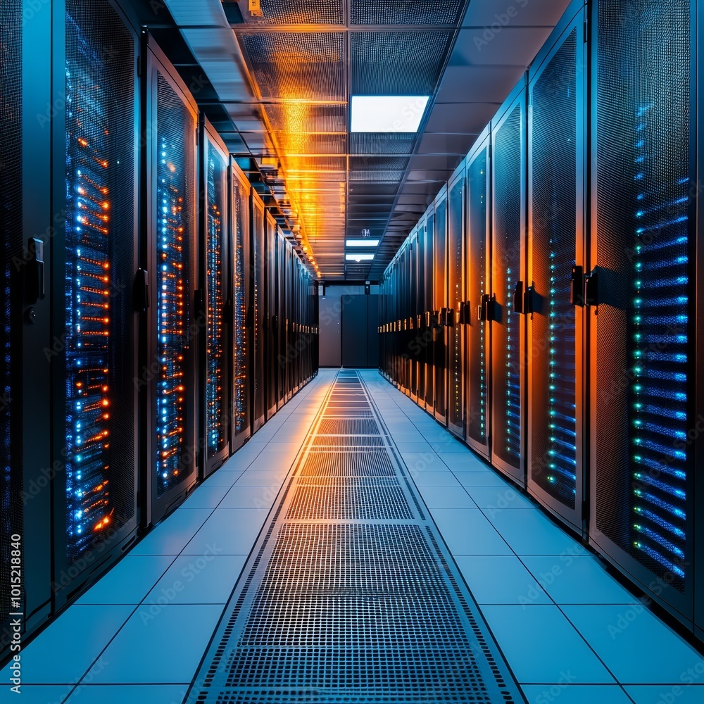 Aufkleber modern data center with rows of server racks, illuminated with blue and orange lights.