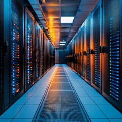 Fototapeta premium Modern Data Center With Rows of Server Racks, Illuminated With Blue and Orange Lights.