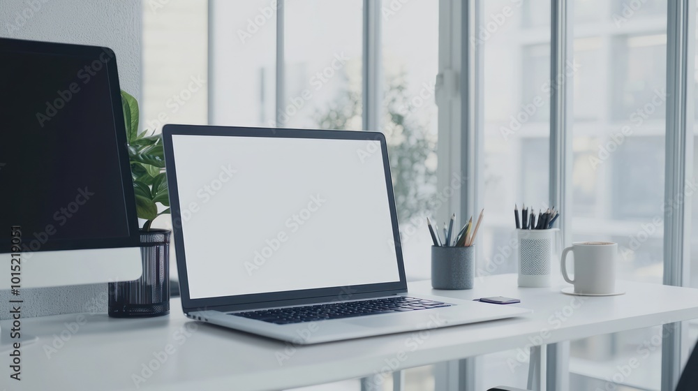 Poster minimalist workspace with laptop and desktop computer