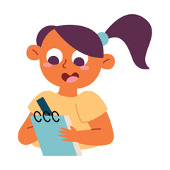 little girl writing with notepad and pen