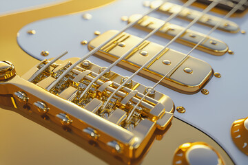 Obraz premium Close-up of luxurious gold guitar strings and components with reflective details. 