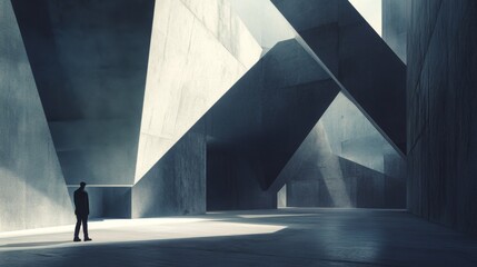 Obraz premium A lone figure stands in a vast, abstract concrete space, bathed in a shaft of light.