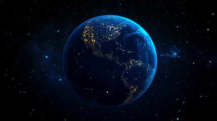 Fototapeta premium A deep blue Earth with city lights glowing against a starry backdrop.