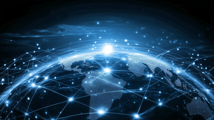 Obraz premium A stylized Earth with glowing lines connecting continents, representing global connectivity.