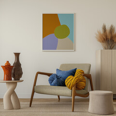 Cozy Living Room with Mid-Century Chair, Colorful Cushions, and Knot Pillow