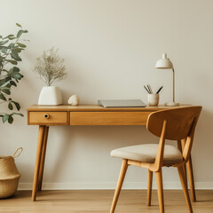 Elegant Natural Wood Desk and Chair with Minimalist Design for Home Office