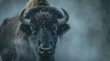 A close up of a buffalo with horns standing in the fog. AI.
