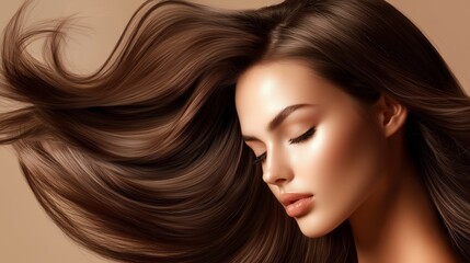Naklejka premium Mujer con un pelo largo de color castaño, concepto de belleza, peluquería, maquillaje