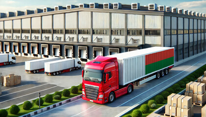 Naklejka premium Red semi-truck with Madagascar flag trailer at a large logistics warehouse. Ideal for illustrating freight transport, trucking, shipping, and supply chain operations