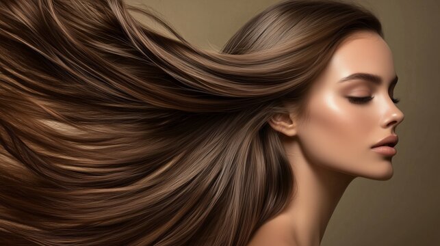 Mujer con un pelo largo de color casta&ntilde;o, concepto de belleza, peluquer&iacute;a, maquillaje