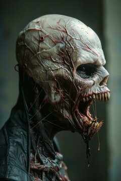 A close up of a zombie head with teeth and blood dripping from it. AI.