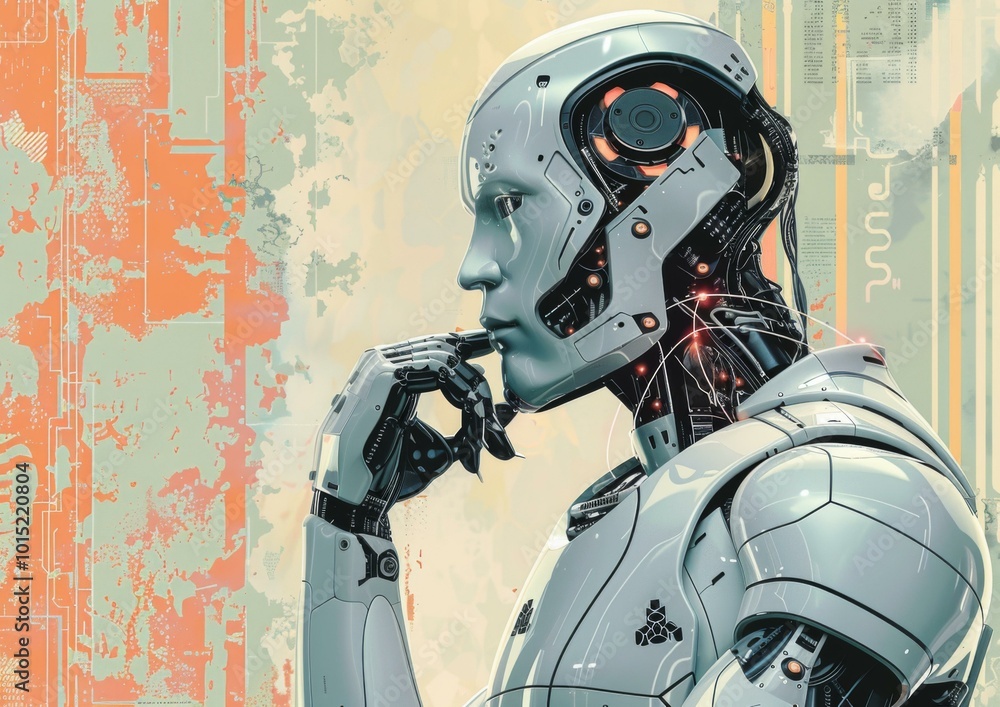 Poster a robot with a futuristic look is standing in front of an abstract background. ai.
