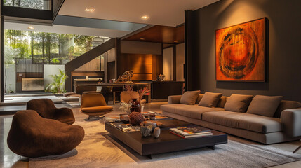 Inviting Earth-Toned Living Room with Cozy Furniture and Artistic Decor