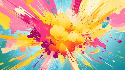 A whimsical and vibrant explosion in cartoon style, with yellow and pink colors