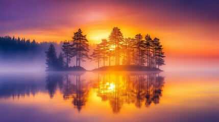 Obraz premium Misty sunrise over a lake with a small island of trees.