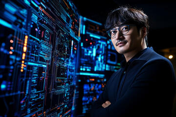 A man in glasses stands confidently in front of a wall of glowing computer screens.