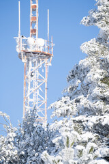 Telecommunication tower covered with frost in winter.