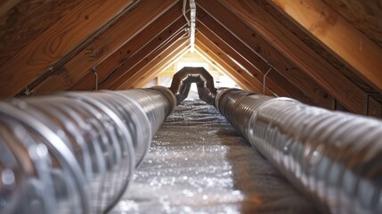 Close-up of two silver flexible air ducts in an attic