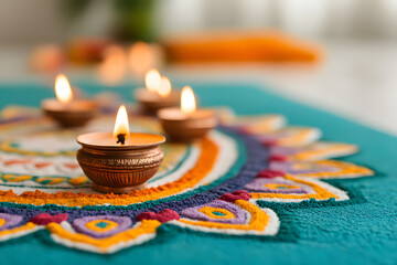 Colourful Diyas Illuminating a Festive Rangoli Design | Vibrant Lights and Intricate Patterns Celebrating Diwali Traditions