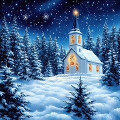 Enchanting Winter Night: Snowy Chapel Amidst Pine Trees Under Starry Sky Illuminates Peaceful Christmas Eve Scene