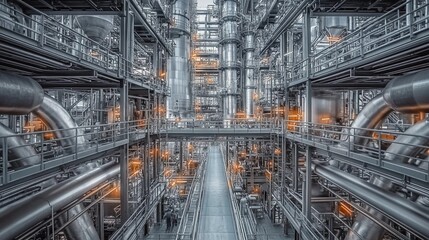 Oil refinery interior, towering distillation columns, heat exchangers, metal walkways, mechanical pumps, well-organized and high-tech facility