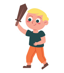 happy boy playing with wooden sword