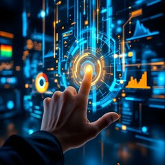 Futuristic Hand Touching High-Tech Touchscreen Interface with Glowing Data Streams and 3D Digital Transformation Ripple Effect