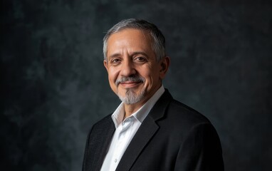 Fototapeta premium A mature man wearing a dark suit and white shirt smiles confidently while facing the camera in a studio setting