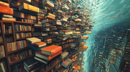 A wall of books submerged in a city skyline.