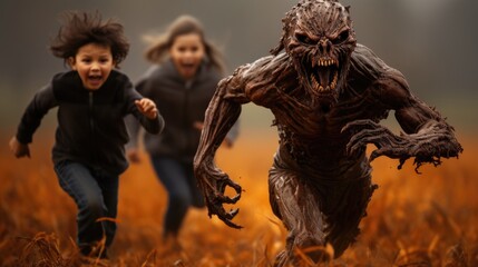 Two children running in panic from a terrifying creature in an autumn landscape.