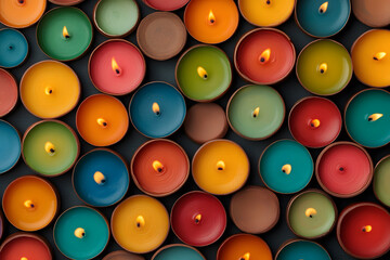 Colourful Diyas Illuminating a Festive Rangoli Design | Vibrant Lights and Intricate Patterns Celebrating Diwali Traditions
