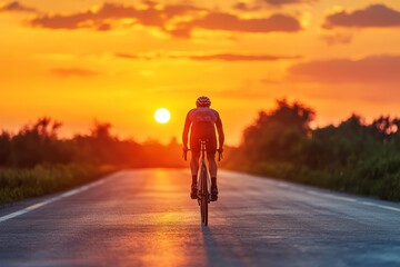 silhouette of cyclist man riding a bike bicycle on asphalt road at orange twilight dusk sunset sky