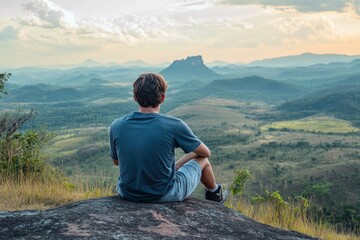 sitting man relaxes against a beautiful natural landscape