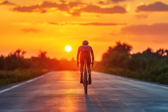 silhouette of cyclist man riding a bike bicycle on asphalt road at orange twilight dusk sunset sky
