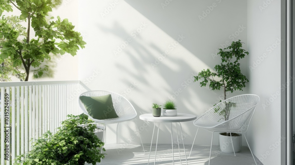 Poster A serene balcony setting features two modern chairs and a small table with green plants. Soft sunlight casts gentle shadows, creating a peaceful atmosphere for relaxation in the afternoon.