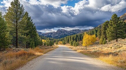 A winding paved road leads through a scenic mountain valley, with tall trees lining the sides and a cloudy sky overhead.
