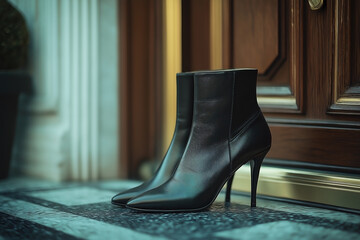 a pair of black short leather ankle high heels boots placed in front of a condominium door. 
