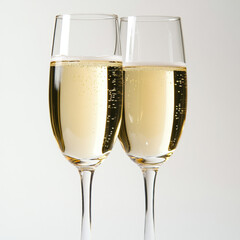 Two glasses of champagne on a white background