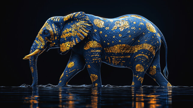 Decorative blue elephant with gold patterns walking gracefully in reflective water.
