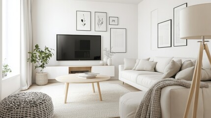 A stylish living room features a large television, a cozy sofa adorned with soft cushions, and a minimalist coffee table. Large windows fill the space with natural light, creating a warm atmosphere.