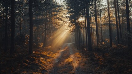 Obraz premium A dirt path winds through a dense forest, with golden sunlight breaking through the trees, creating a magical and mystical atmosphere.