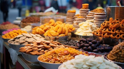 A colorful assortment of snacks and sweets beautifully displayed on a marketplace table, inviting with rich hues and tantalizing aromas.