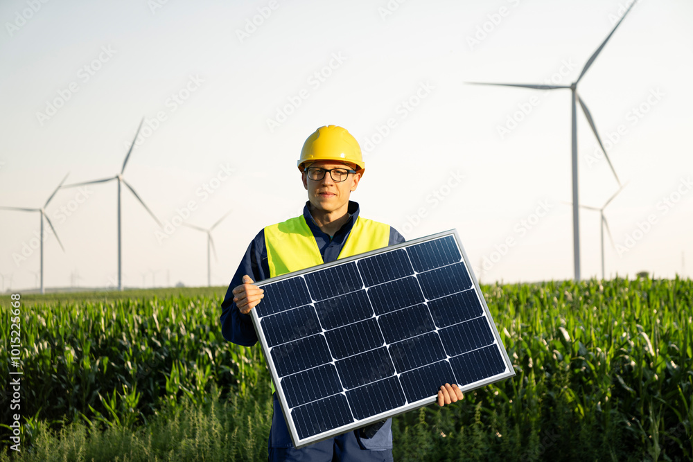 Aufkleber worker with solar panel on a background of wind turbines