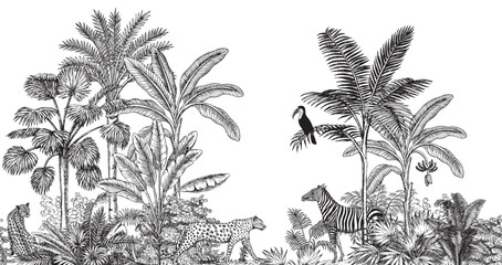 Toile tropical vintage botanical palm trees, banana tree, plants, leopard, zebra animal, toucan seamless border white background. Graphic jungle mural. © good_mood