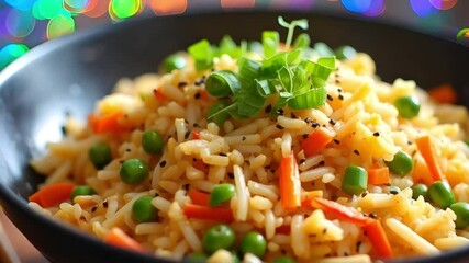 Delicious Fried Rice with Vegetables and Herbs in Black Bowl